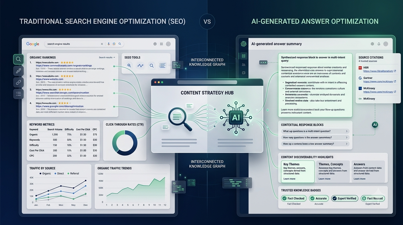 Traditional SEO and AI optimization comparison showing rankings, citations, context, and discoverability