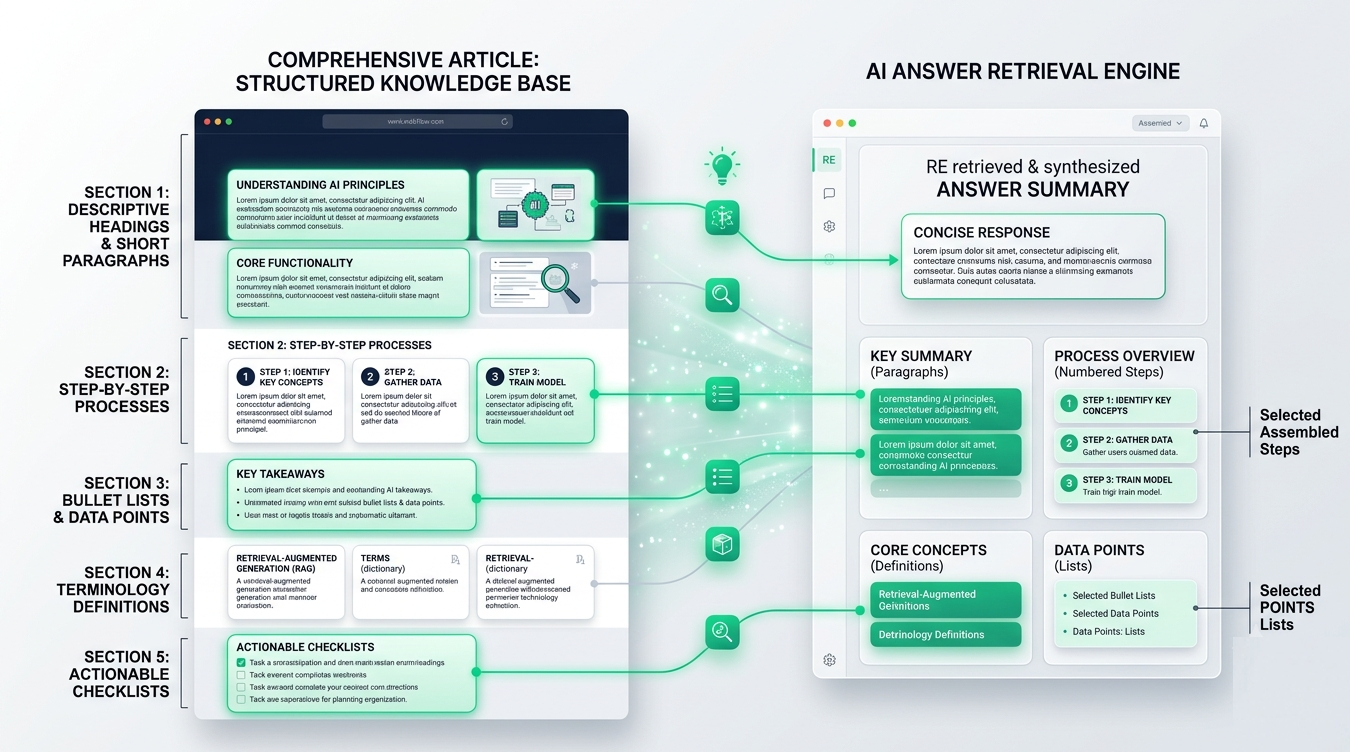 Structured Webflow content being organized into clear sections for AI retrieval and answer generation