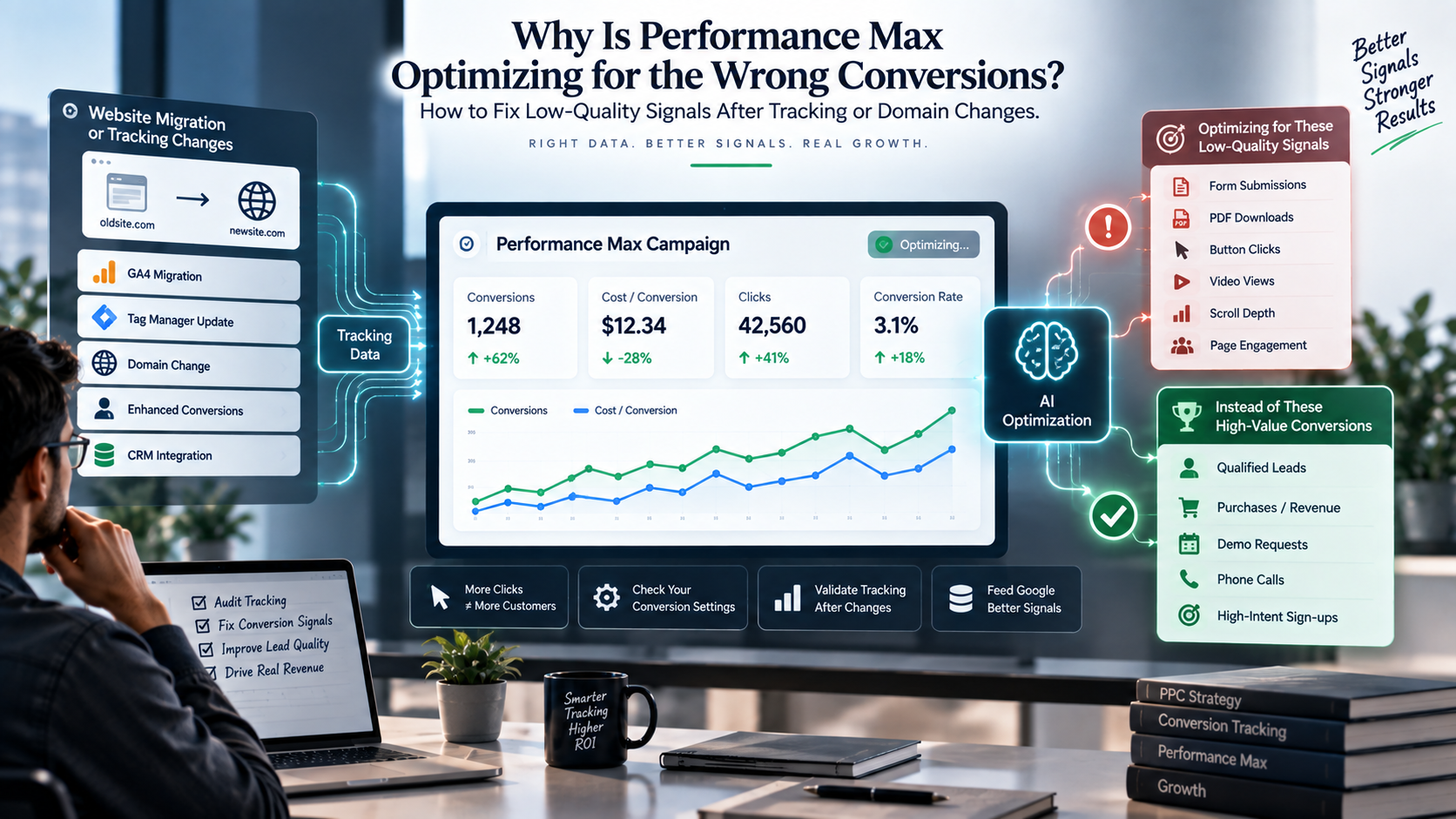 Performance Max campaign optimizing for low-quality conversions after tracking and domain changes