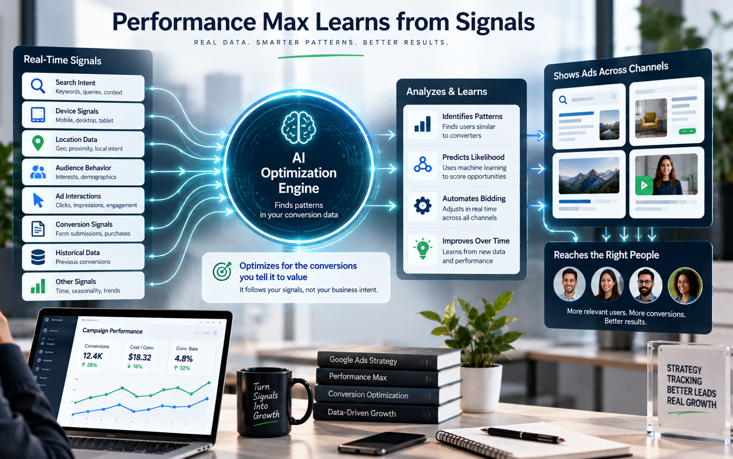 Performance Max learning from search, audience, device, and conversion signals to optimize advertising