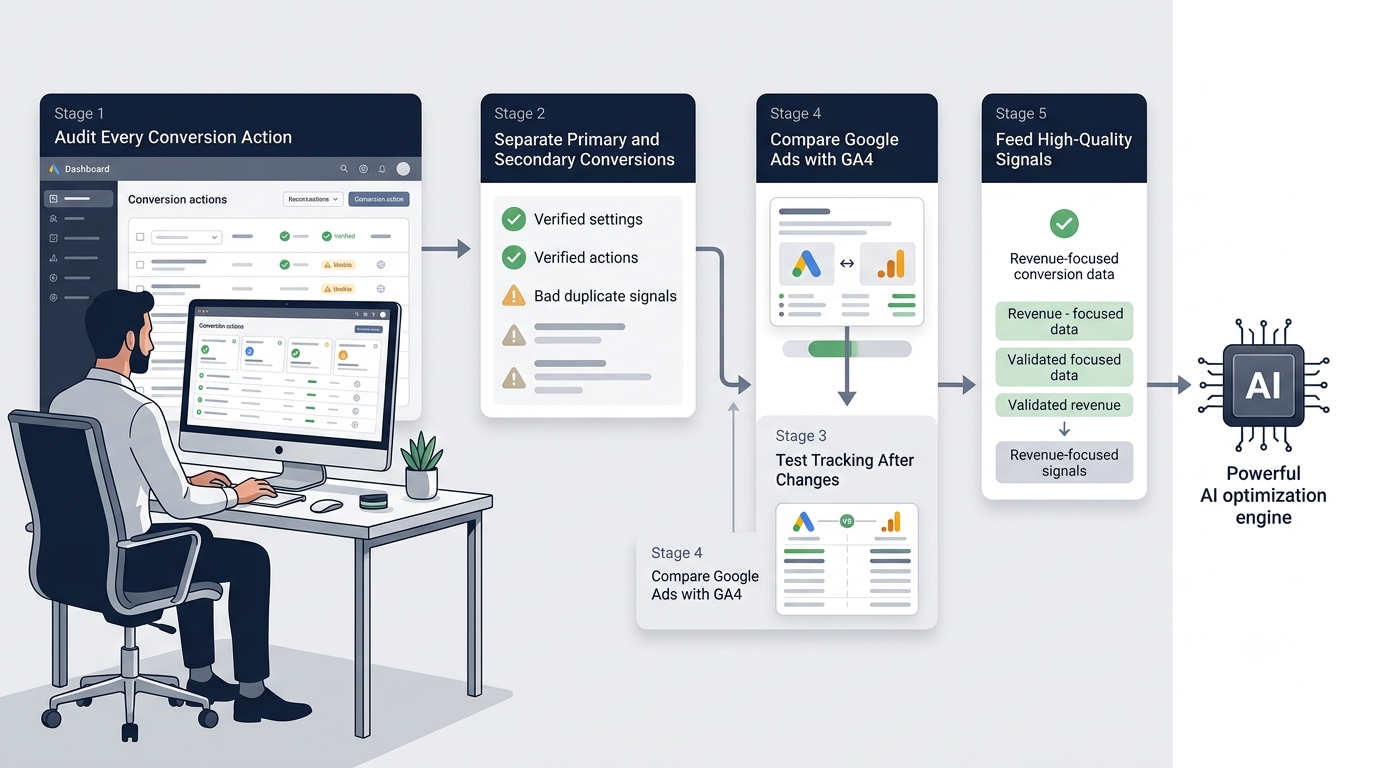 Performance Max conversion audit workflow for correcting tracking and improving conversion signal quality