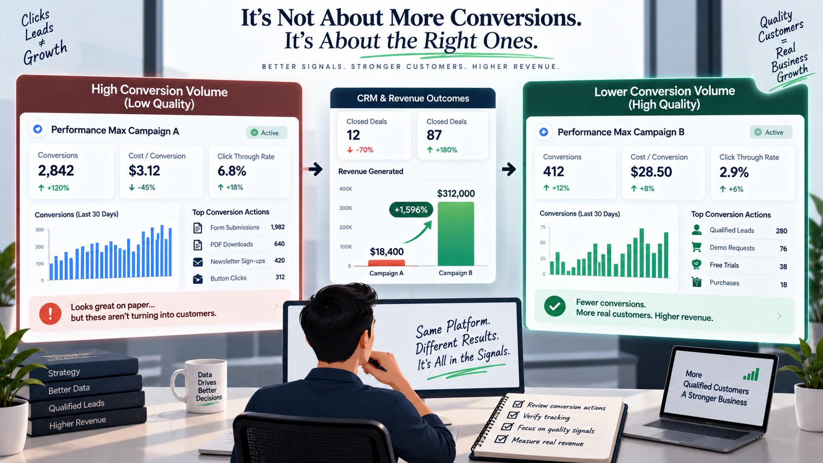Comparison of conversion volume and conversion quality using qualified leads, closed sales, and revenue