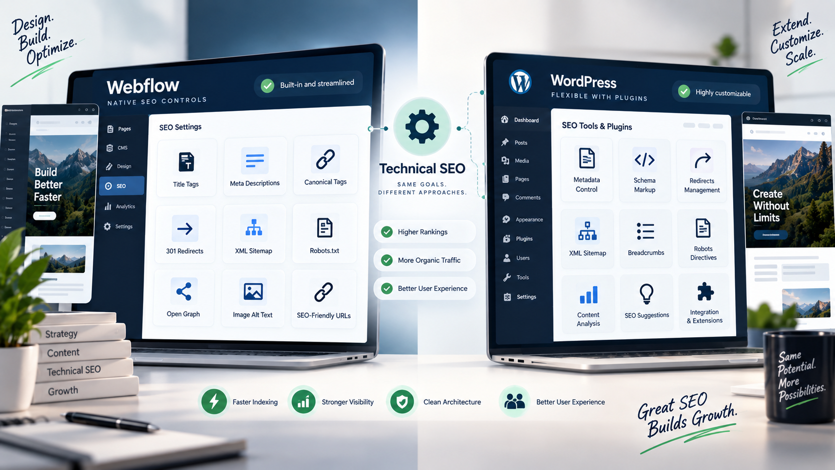 Technical SEO comparison between Webflow native features and WordPress SEO plugins