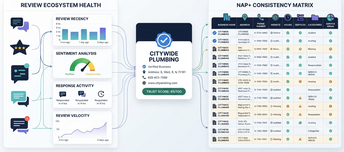 Local SEO dashboard showing review growth, customer responses, and consistent business information across local directories