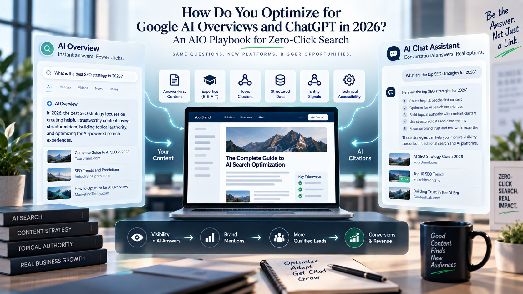 Google AI Overviews and ChatGPT optimization strategy showing AI citations, content expertise, and zero-click search visibility