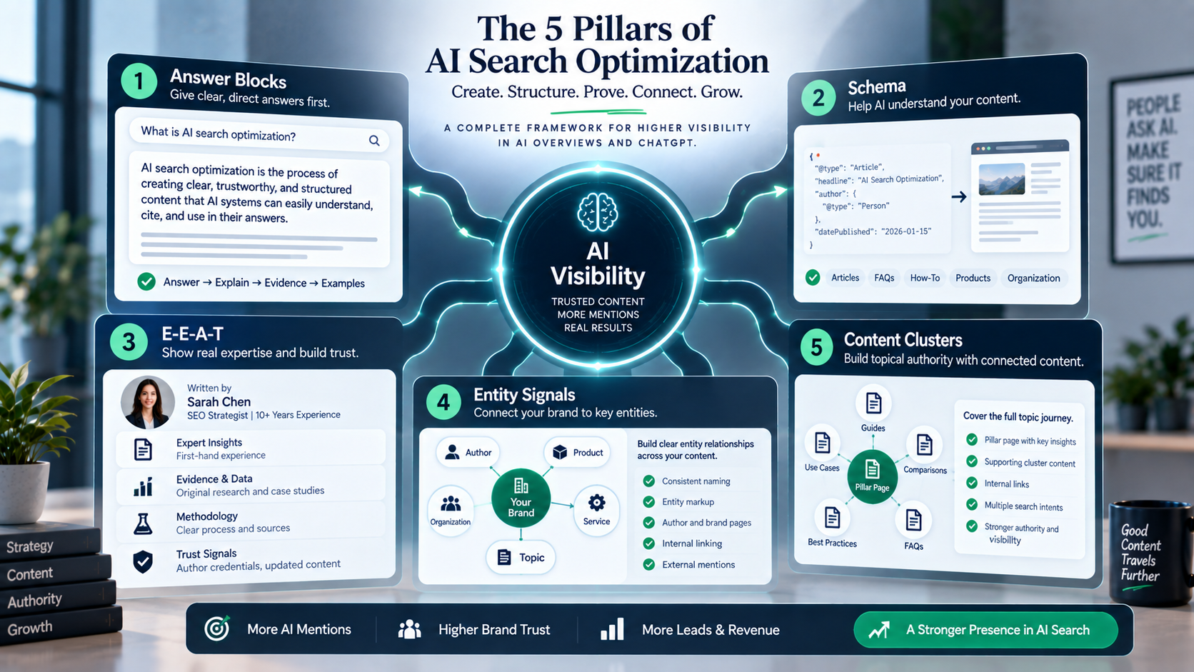 Five pillars of AI search optimization: answer blocks, schema, E-E-A-T, entity signals, and content clusters