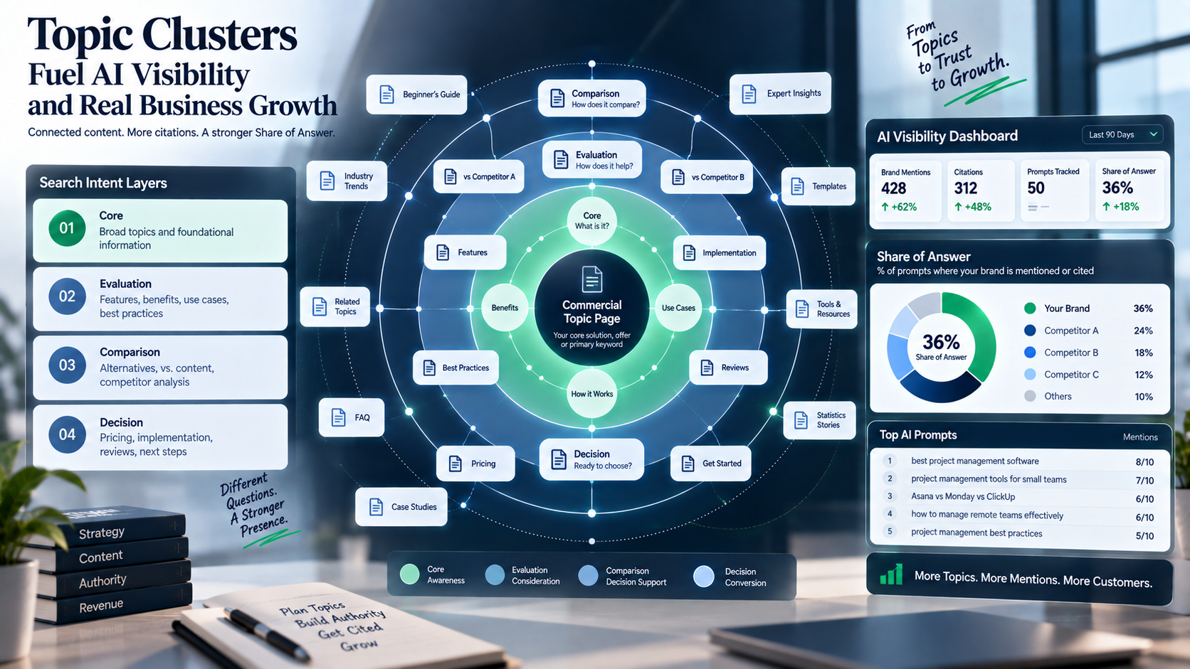 Topic cluster and Share of Answer framework showing connected content, search intent, AI mentions, and citations 