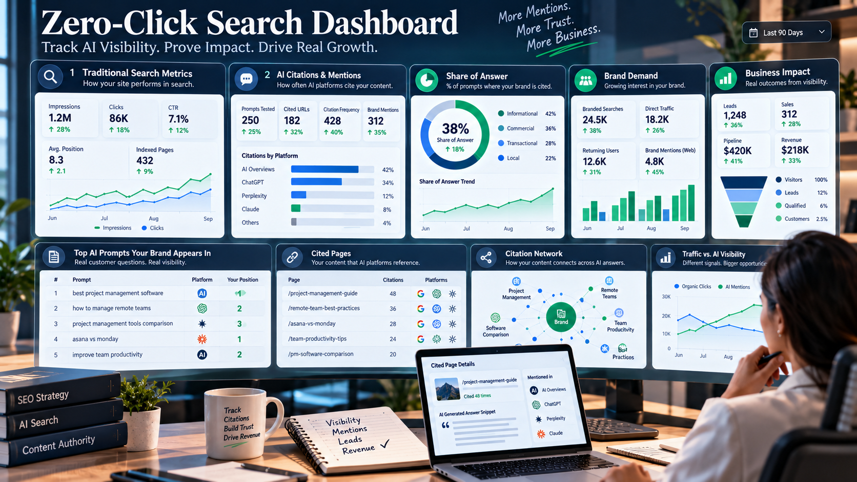 Zero-click SEO dashboard tracking AI citations, share of answer, brand demand, leads, sales, and revenue 