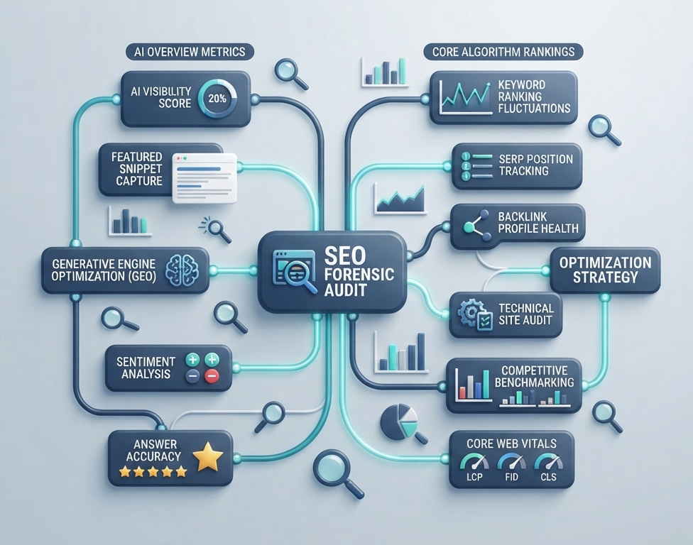 Forensic SEO audit flowchart separating AI overview traffic loss from core algorithm updates