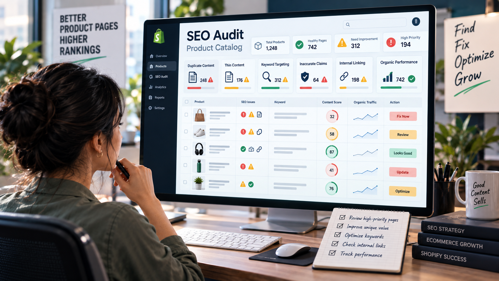 SEO audit dashboard identifying thin and duplicate content across Shopify product pages
