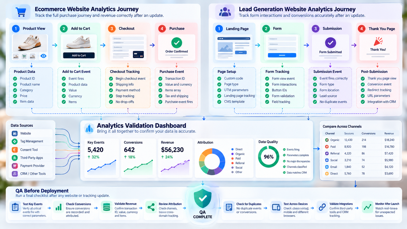 Shopify and Webflow analytics QA journeys showing ecommerce, form tracking, conversions, and post-update validation