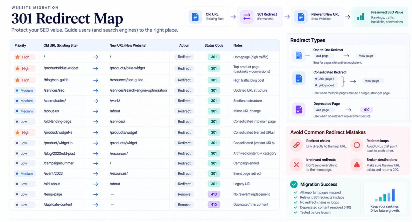 301 redirect map connects old website URLs to relevant new Webflow URLs while preserving SEO value.