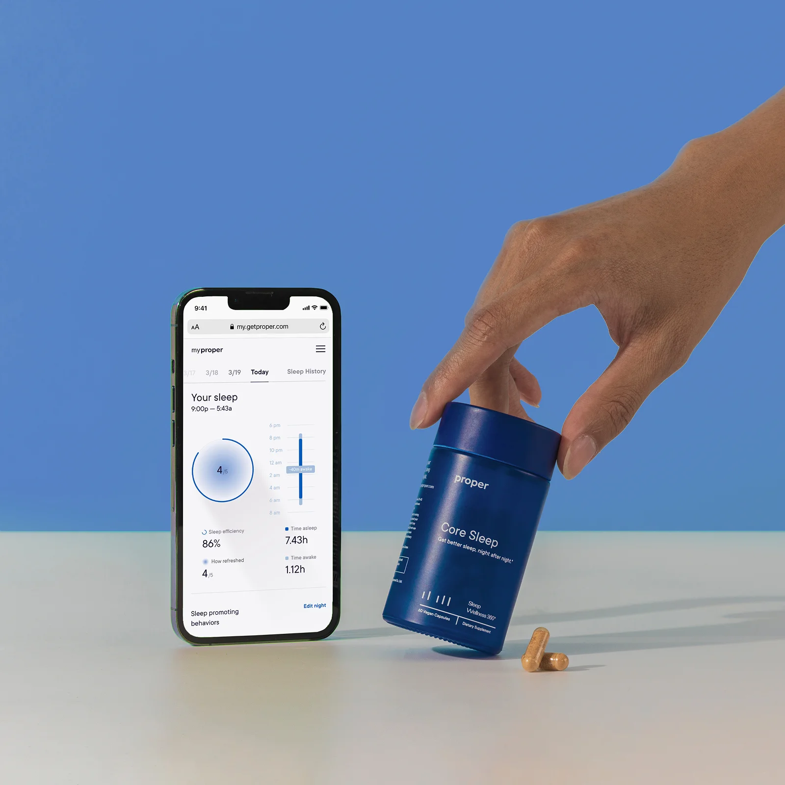 Proper website redesign case study thumbnail: Mobile UI next to pill bottle