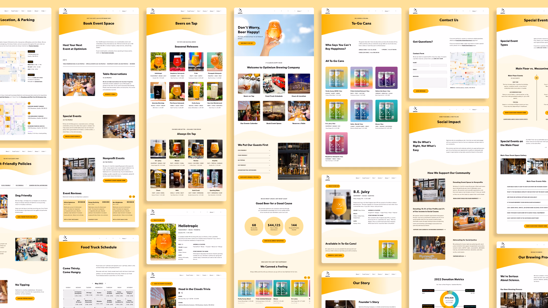 Multiple screenshots of Optimism Brewing Company website redesign with bright, colorful, and playful sections on beer, events, social impact, and more