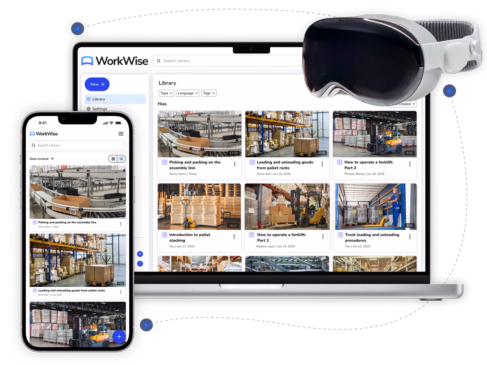 Desktop and mobile mockups of Strivr WorkWise Platform homepage with Apple Vision Pro headset 