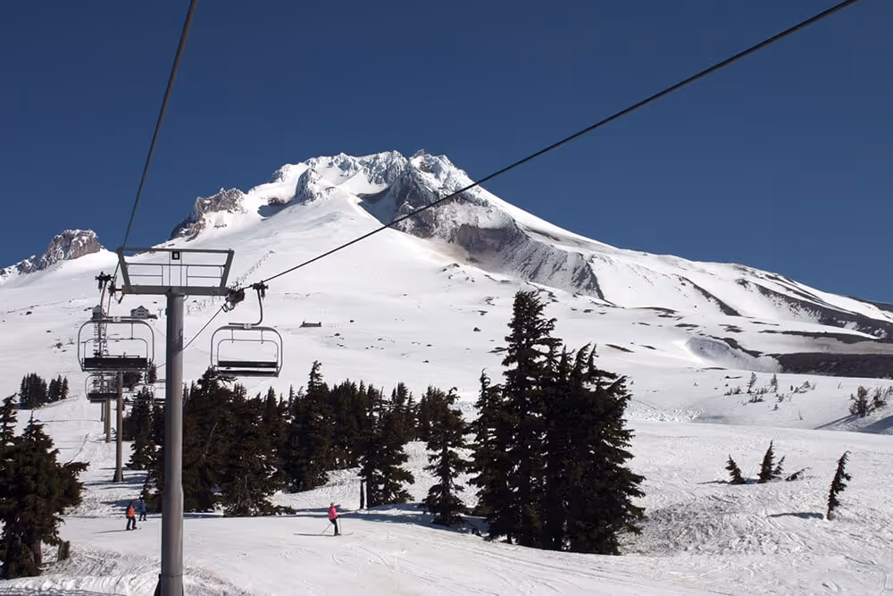 Ski lifts at a snowy Mt Hood