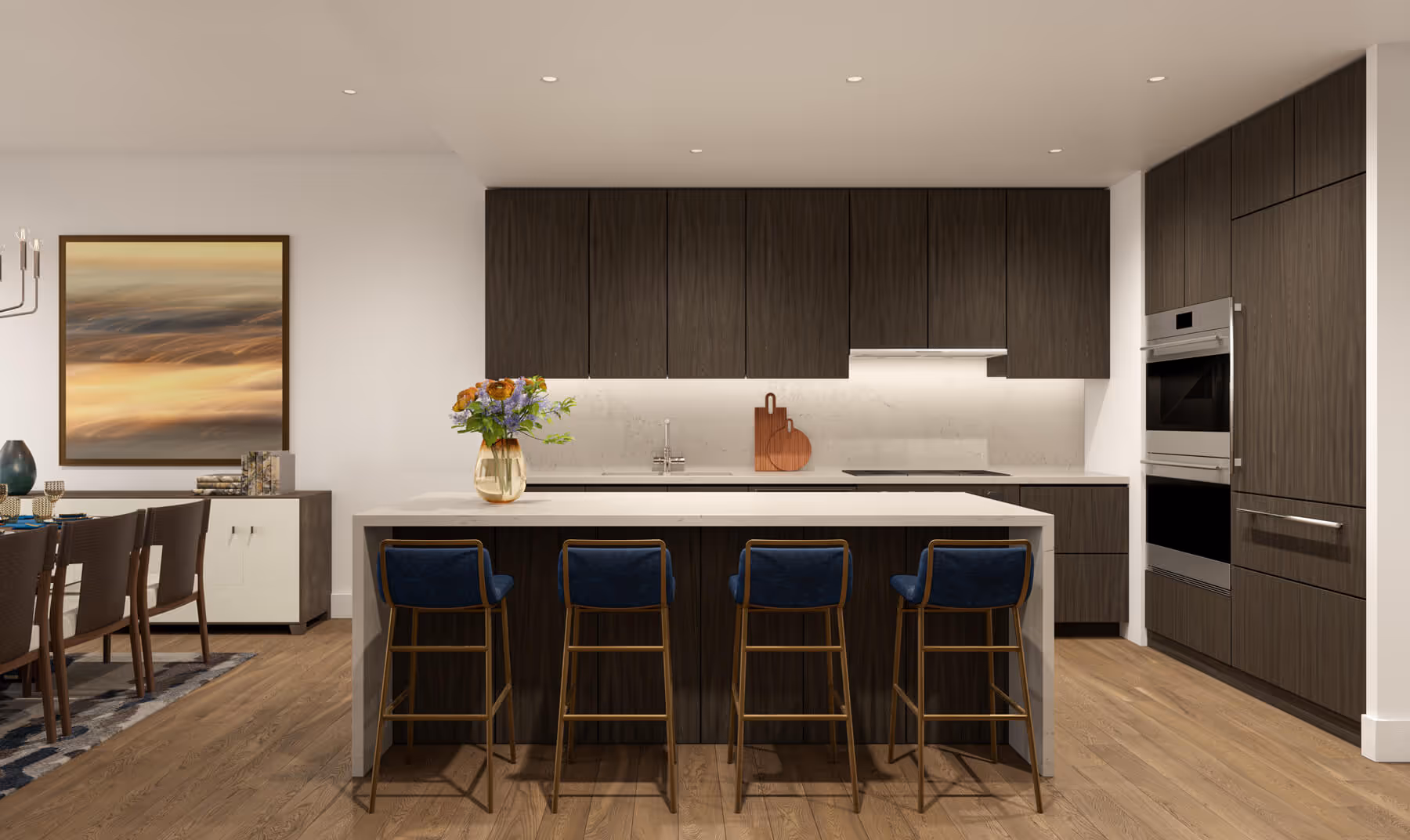 Residence kitchen and bar seating in the Mountain Palette