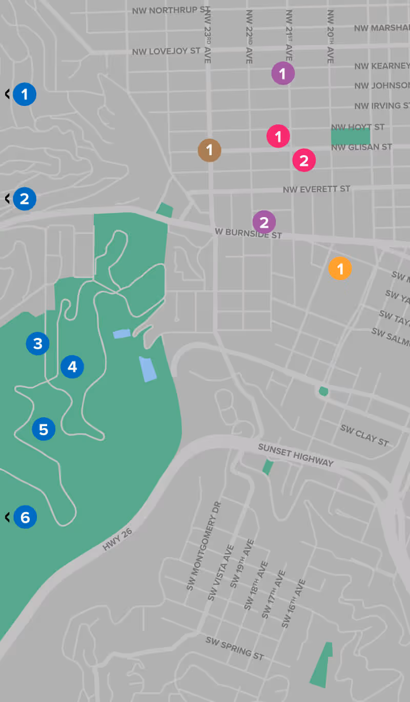 Map of notable attractions in Portland, Oregon