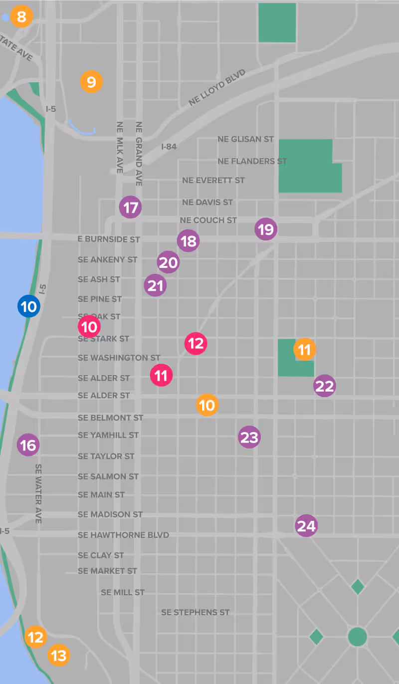 Map of notable attractions in Portland, Oregon