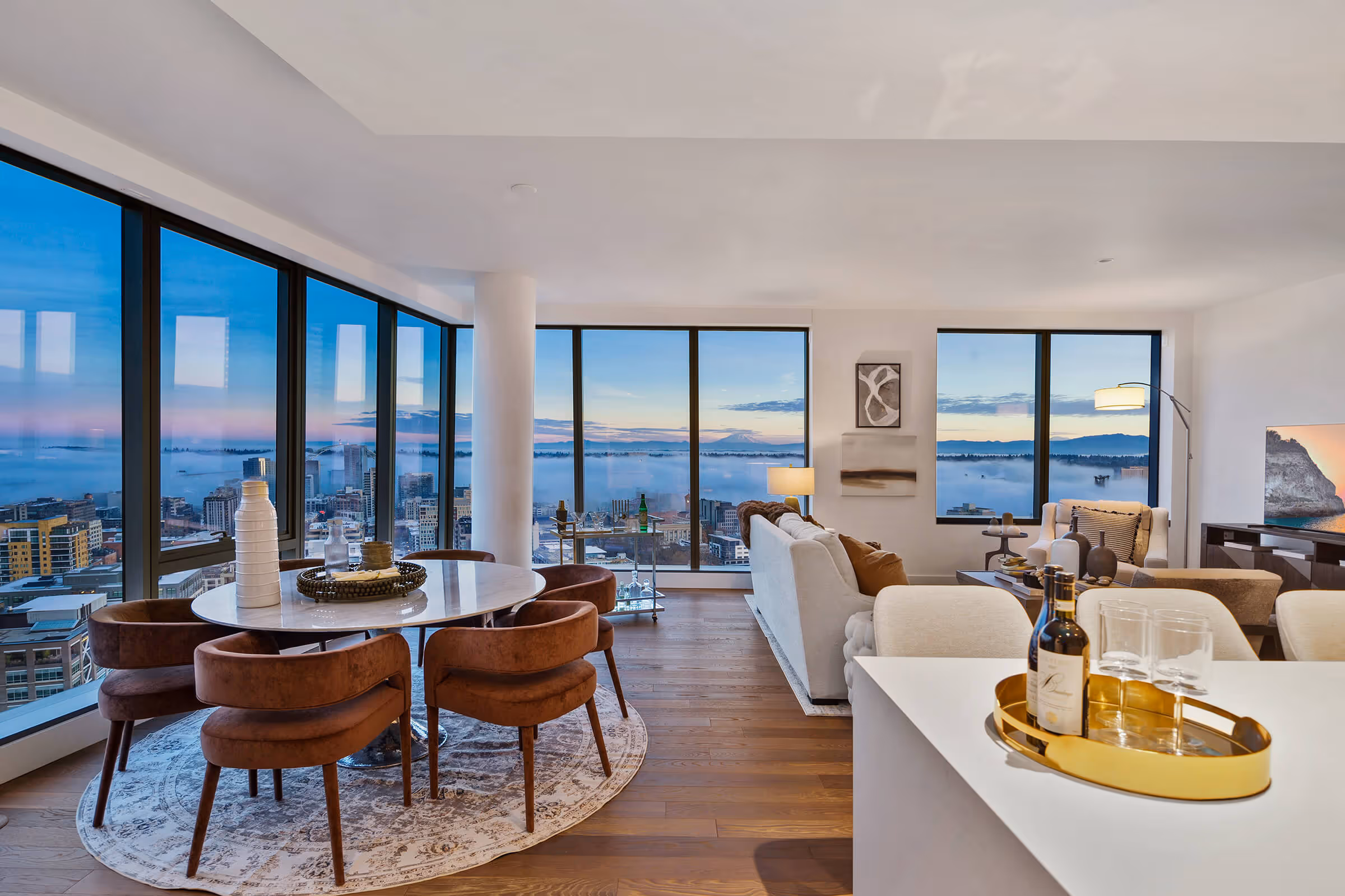 Residence living area, high above the morning mist with views of sunrise painting Mount St. Helens