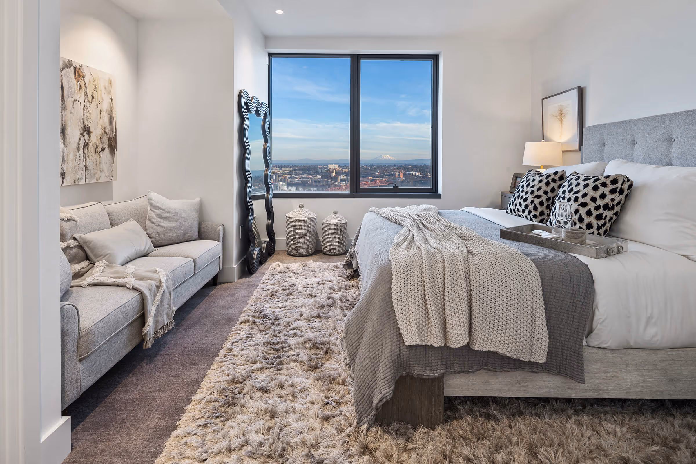 Residence bedroom with view of Mount St. Helens through the window