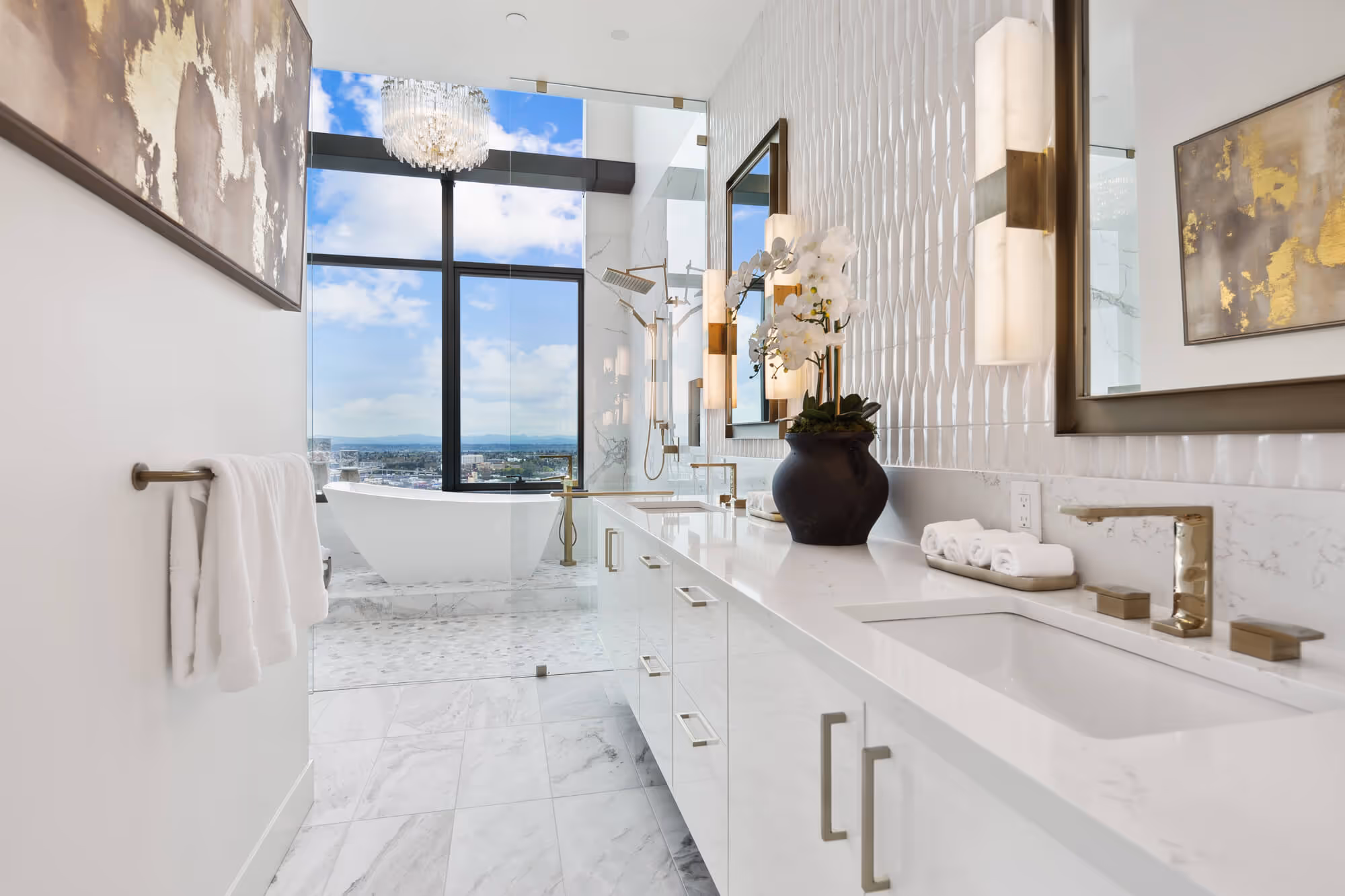 Primary bathroom with free-standing bathtub in a Penthouse