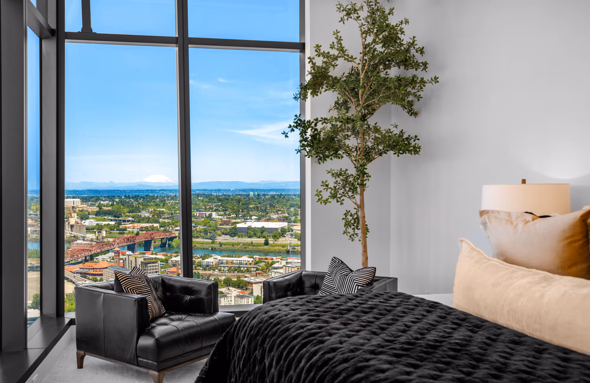 View of Mount St Helens from Penthouse bedroom floor-to-ceiling window walls
