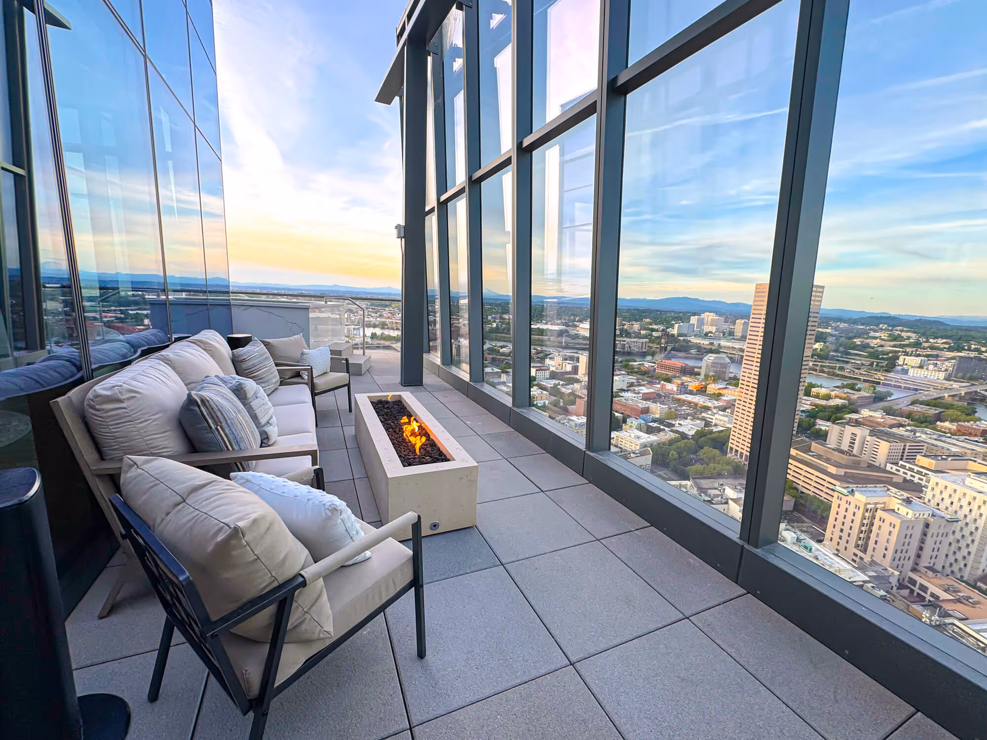 Penthouse patio with fireplace