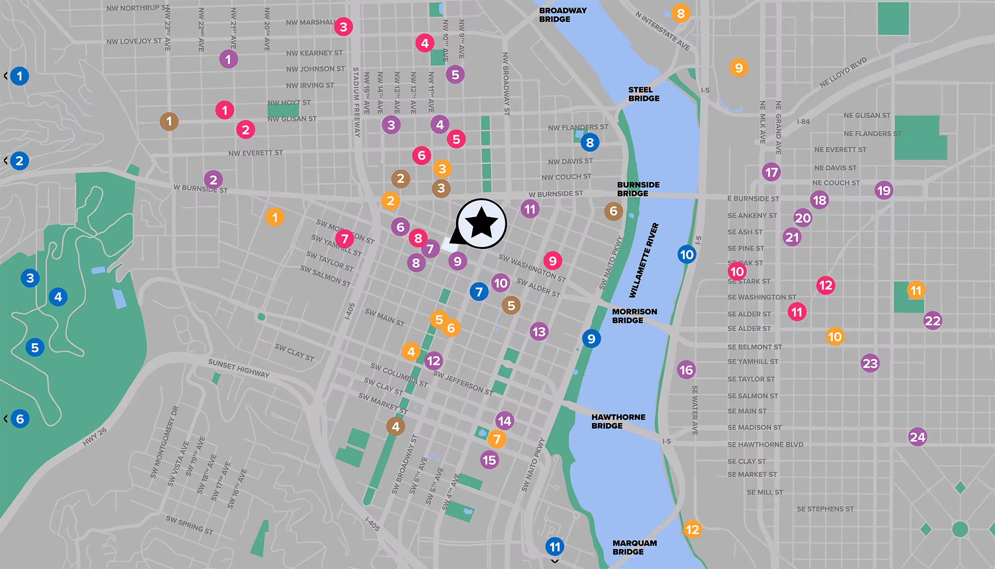 Map of notable attractions in Portland, Oregon