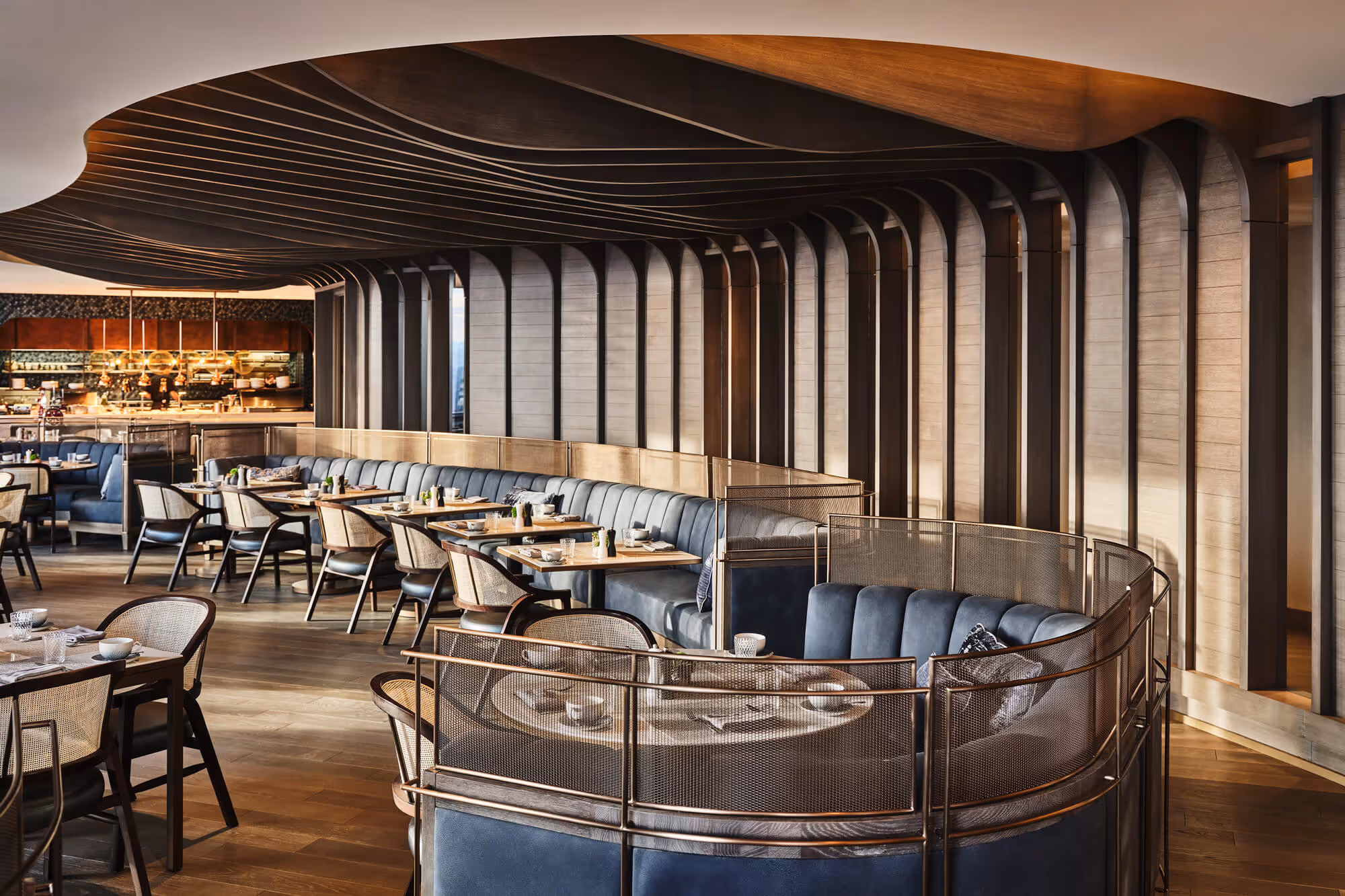 Stunning dining room ready for diners at Bellpine, the Hotel Signature Restaurant on the 20th floor