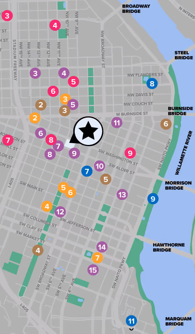 Map of notable attractions in Portland, Oregon