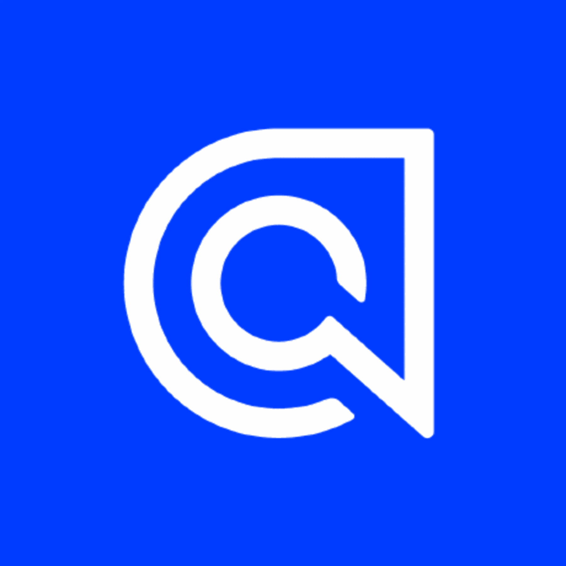 White Algolia search logo on a bright blue background