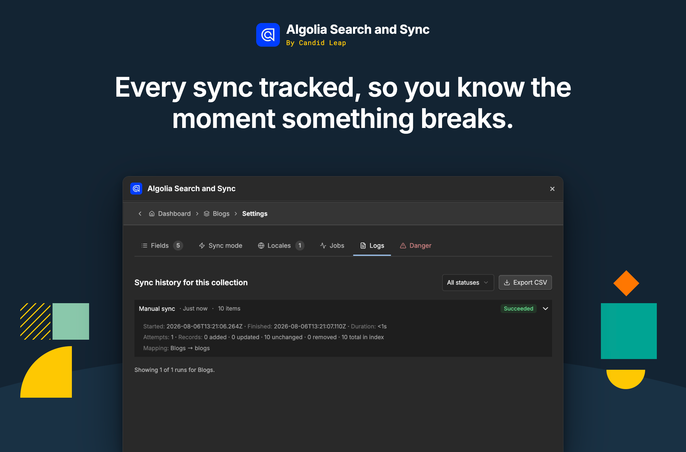 Review every sync with clear statuses, record counts, timestamps, and exportable logs to quickly identify and resolve issues.