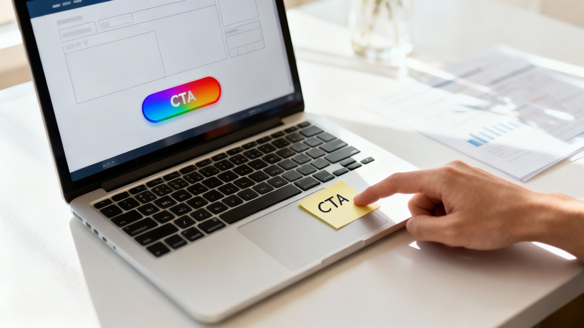 A person pointing to a well-organised flowchart on a digital screen, representing a clear user journey on a website.