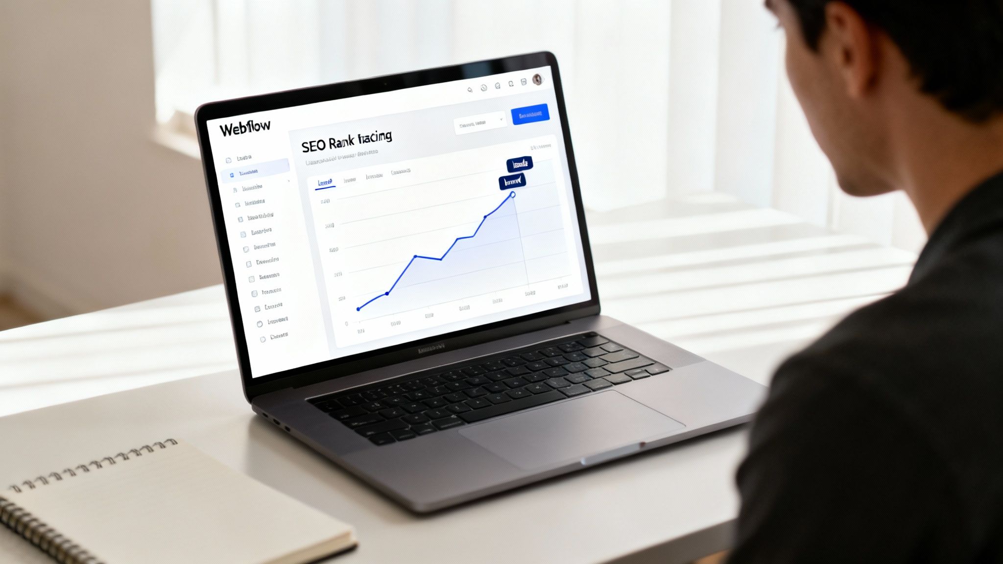 A person analysing SEO ranking data on a large screen with various charts and graphs.