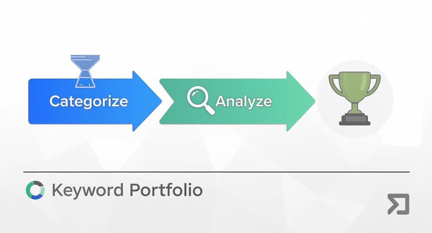 Infographic showing a process flow for building a keyword portfolio with three steps: Categorize, Analyze, and Prioritize.