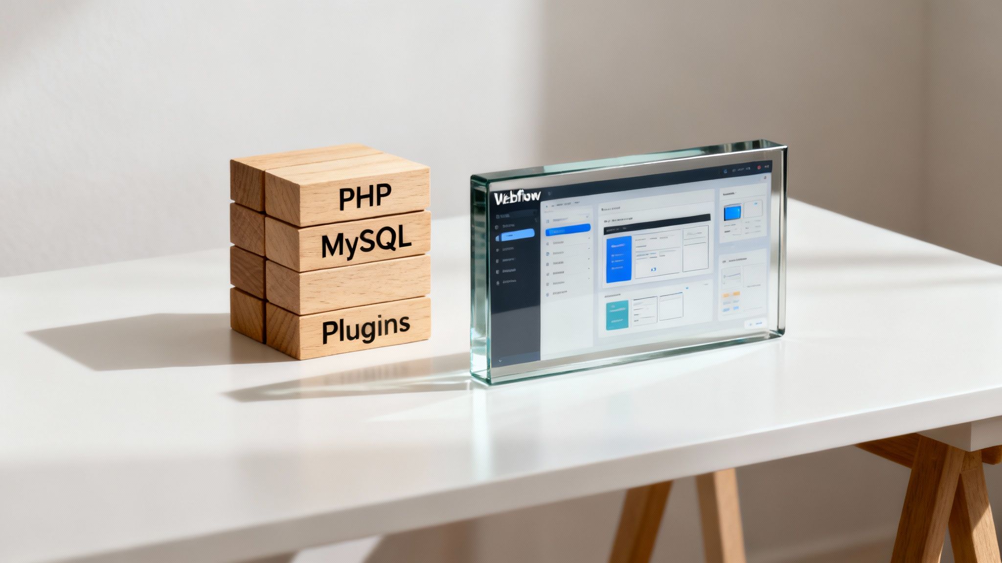 An abstract, modern digital art piece with flowing lines and shapes in blue, orange, and white, representing the different architectural philosophies of WordPress and Webflow.