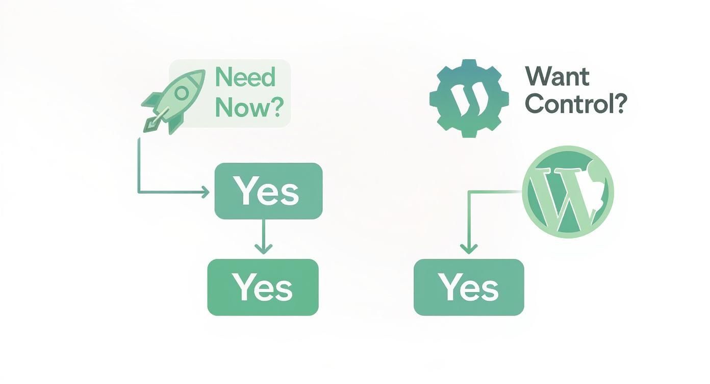 An infographic decision tree helping users choose between WordPress and Webflow based on their needs for speed and control.