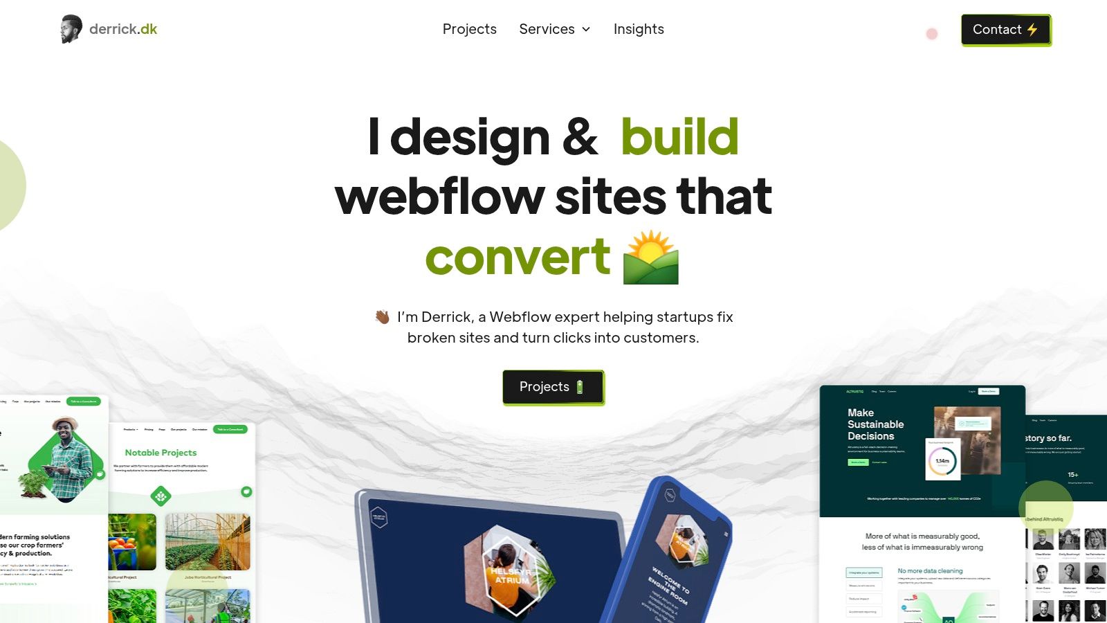 Derrick.dk website showcasing its clean design and conversion-focused elements.