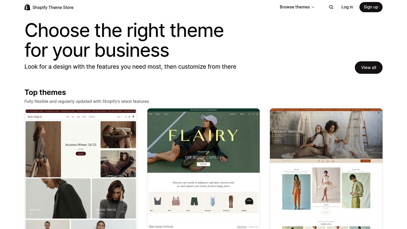 Shopify Theme Store homepage displaying various e-commerce themes