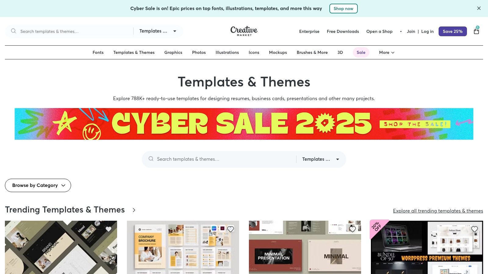 Creative Market website showcasing a wide variety of website templates and design assets.