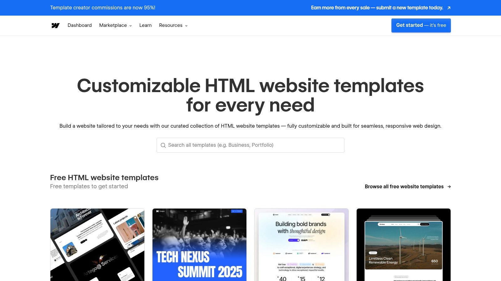 Webflow's Template Marketplace and Showcase displaying a variety of professionally designed website layouts.
