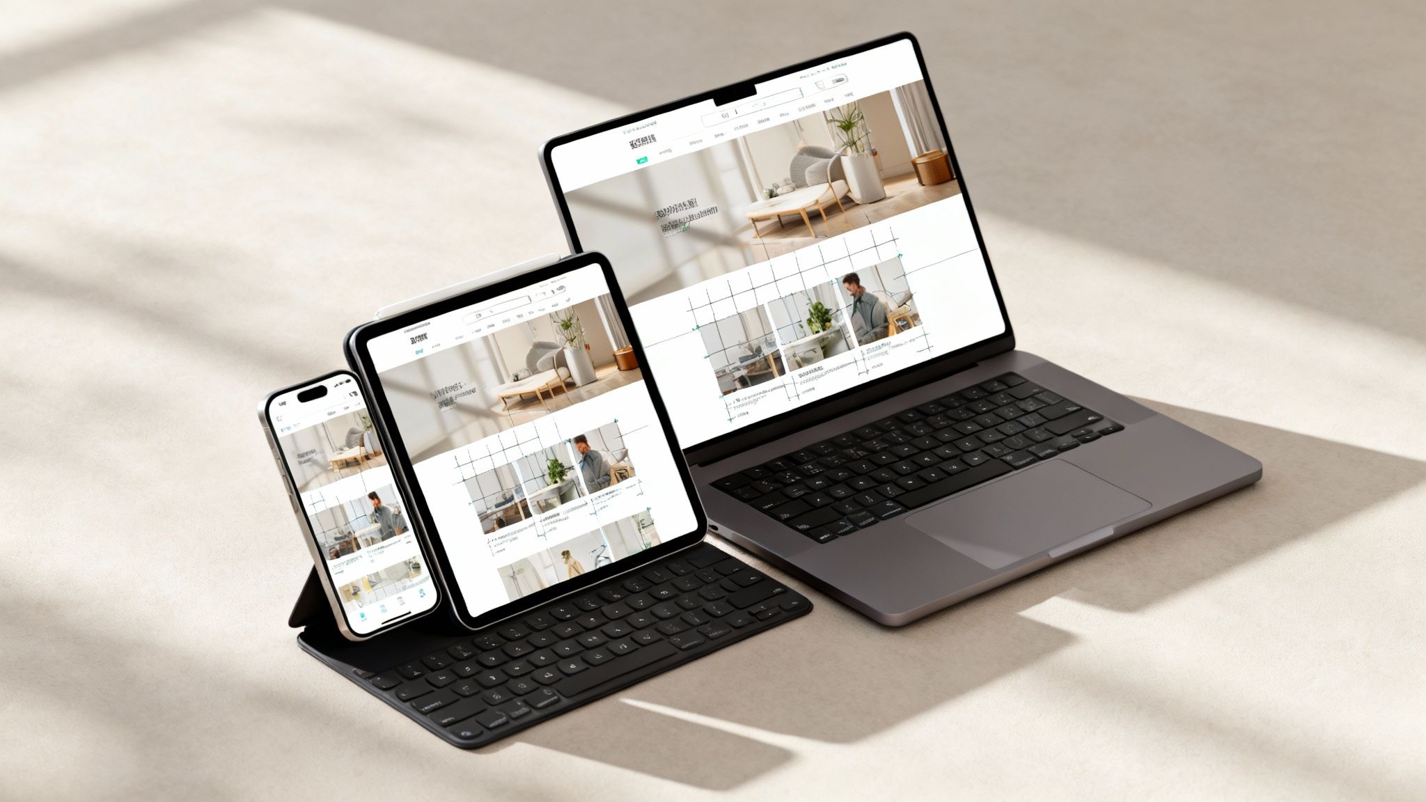 A responsive website layout shown on a laptop, tablet, and smartphone screen, illustrating flexibility across devices.