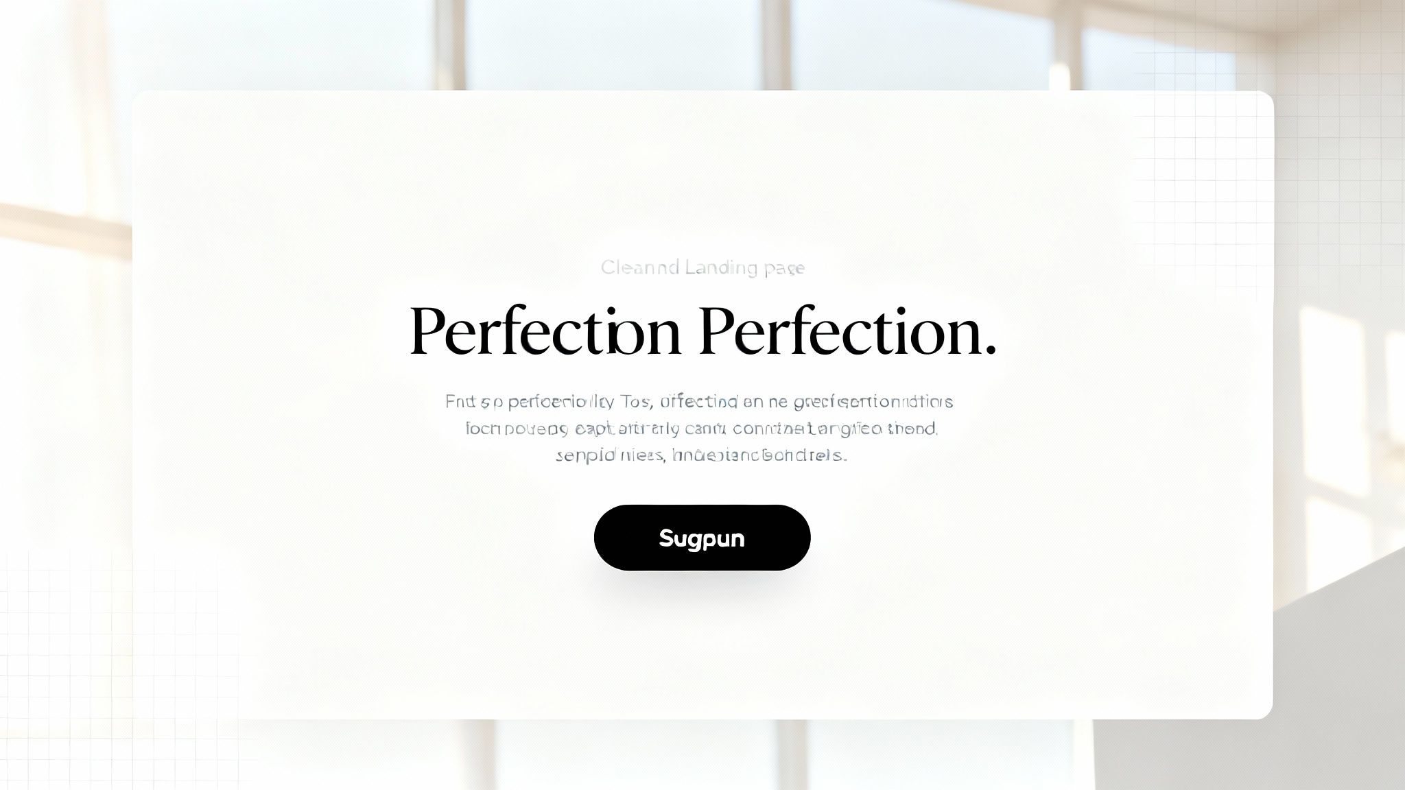 Clean minimalist landing page featuring Perfection Perfection headline with black button on white background
