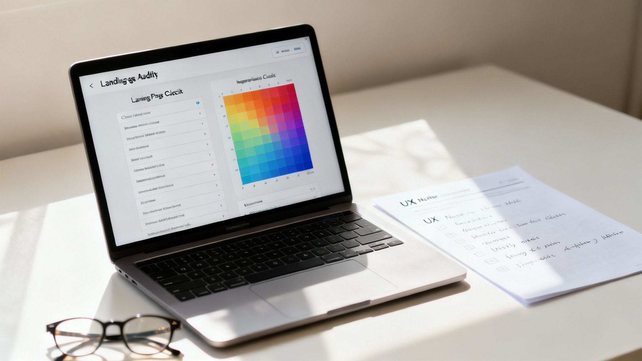Laptop displaying landing page audit checklist and color palette with UX notes on desk