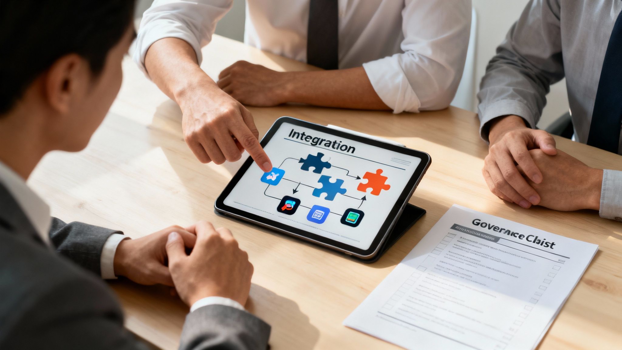 Business professionals discussing software integration platform on tablet with governance checklist document nearby