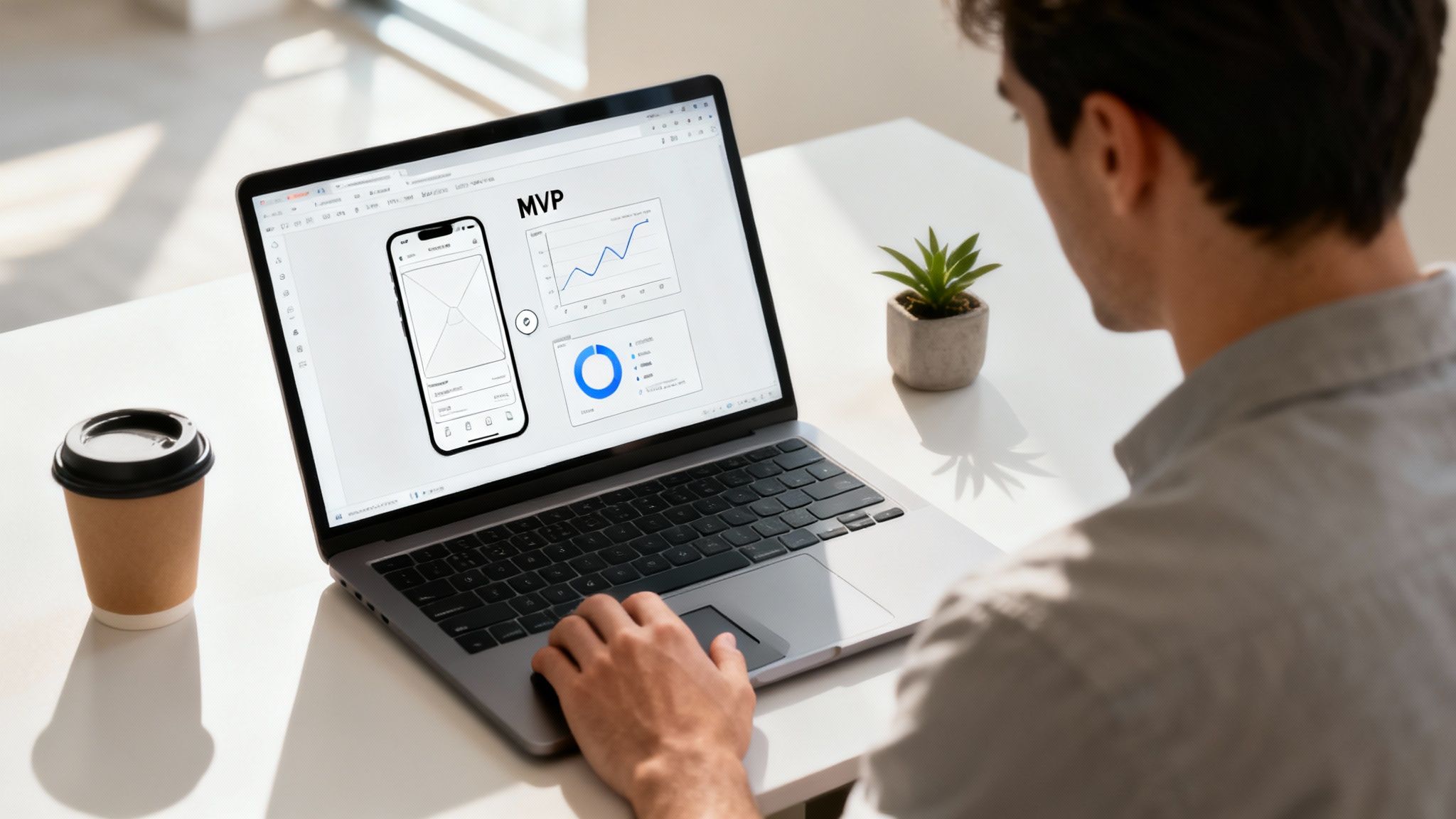 Developer working on laptop designing MVP wireframes with mobile app mockup and analytics charts