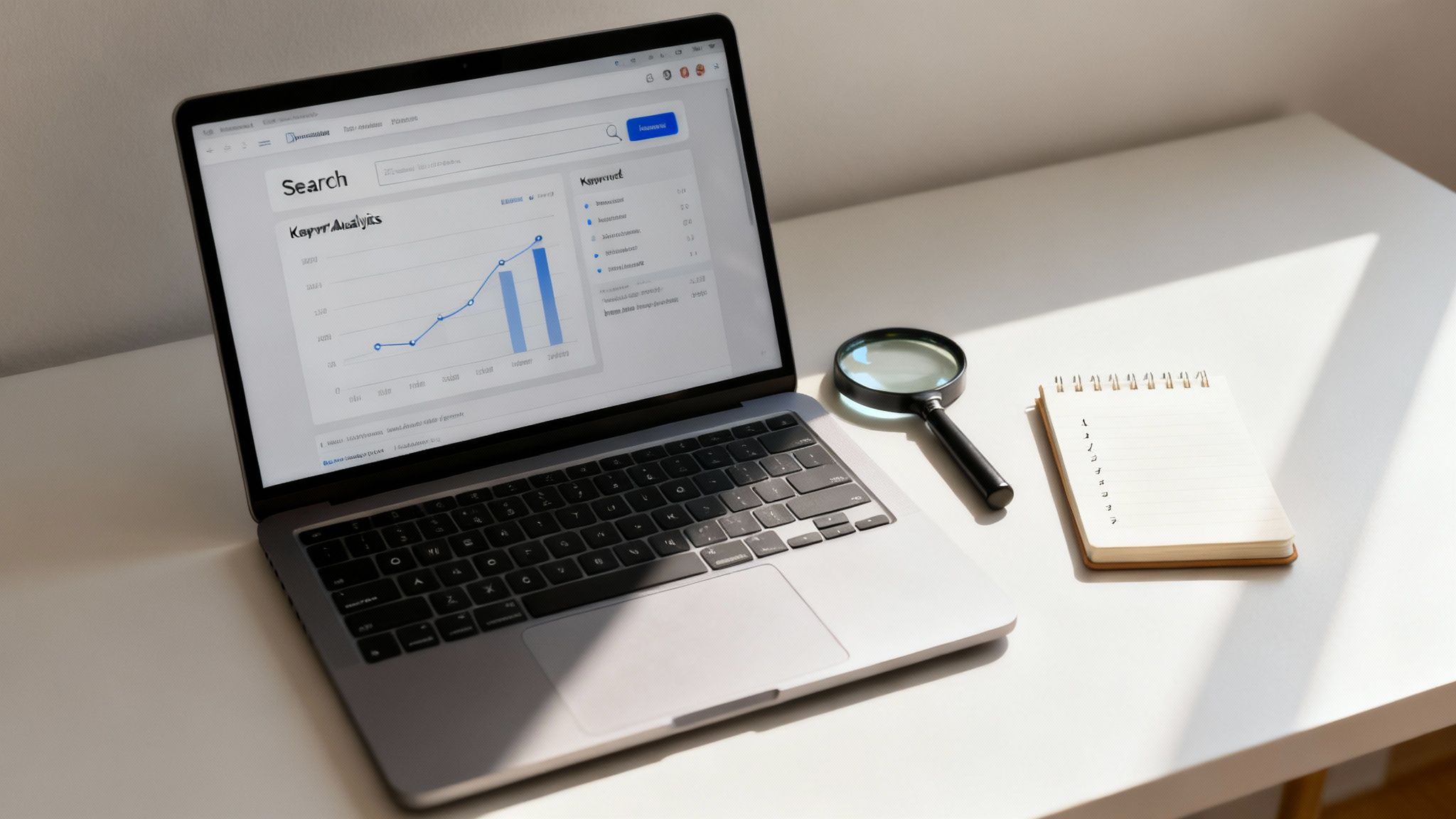 Laptop displaying keyword analytics dashboard with graphs and search data for SEO optimization