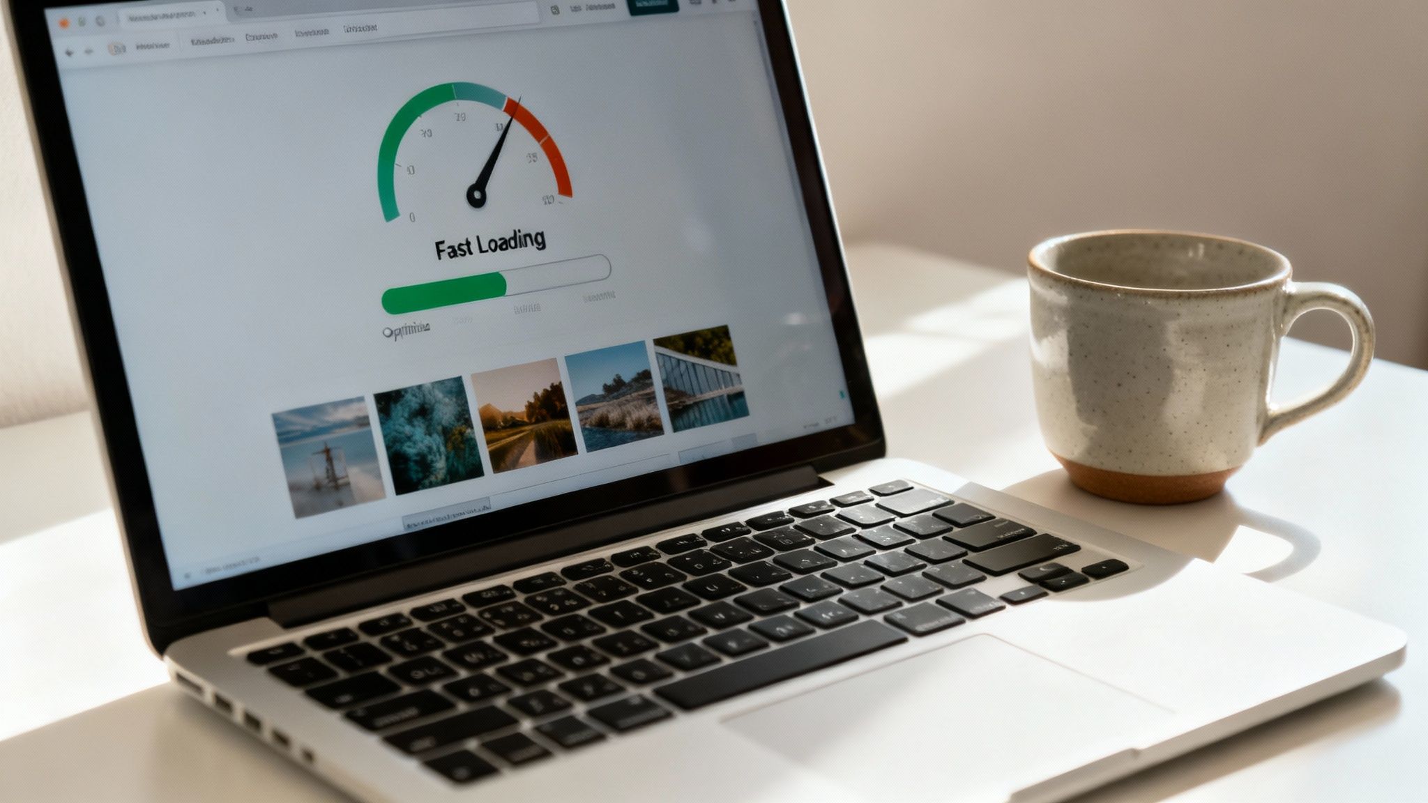 Laptop displaying fast loading website speed test with progress bar and coffee mug