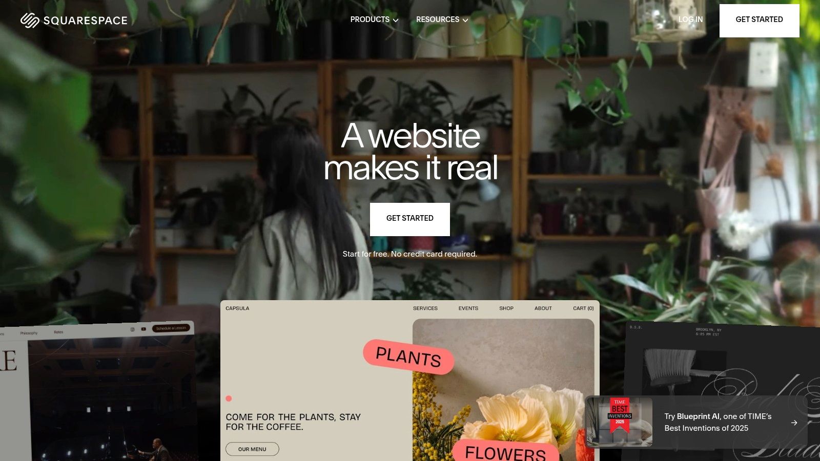 A user editing a modern, image-focused website layout within the Squarespace editor.